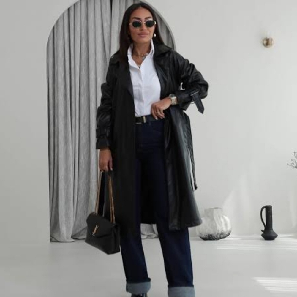 Y2k International Leather Collection Black Leather Trench Coat Size Small Petite - Picture 14 of 14